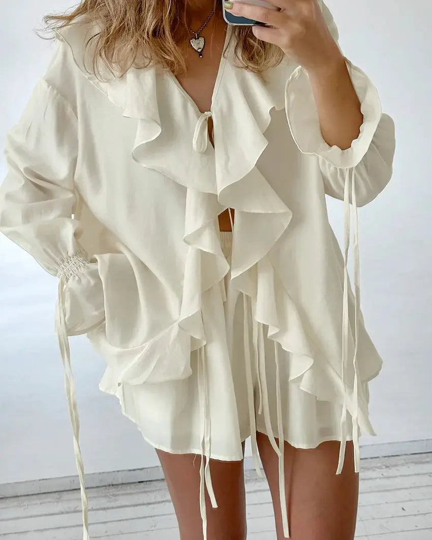 Tornova Womens Ruffled Shorts Sets V Neck Lace Up Shirt Spring Casual