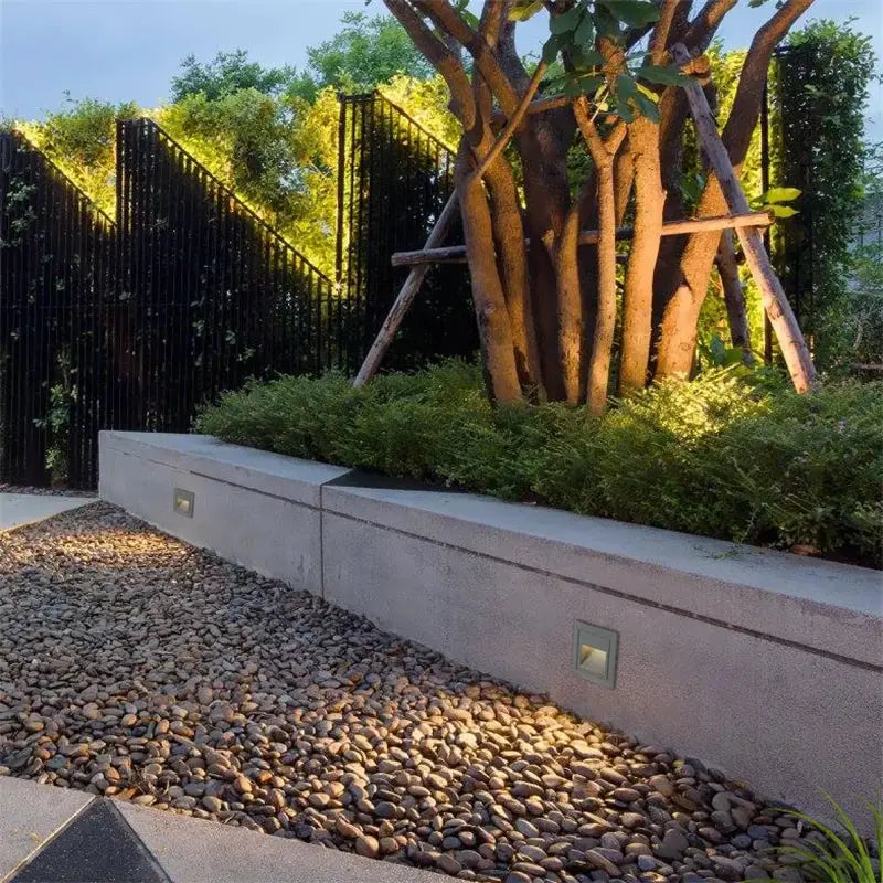 LED wall lamp 5W waterproof recessed outdoor stair-step light; two square gray fixtures along a concrete planter.