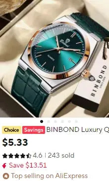 BINBOND men's quartz wristwatch with teal dial, green leather strap, stainless steel case, luminous hands, waterproof
