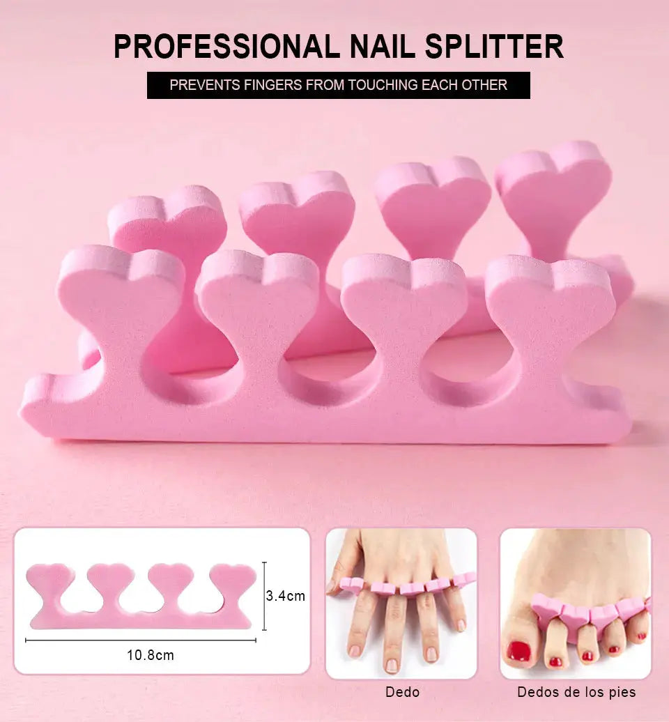 Pink silicone nail splitter with heart-shaped finger spacers, 10.8 cm long, 3.4 cm tall.