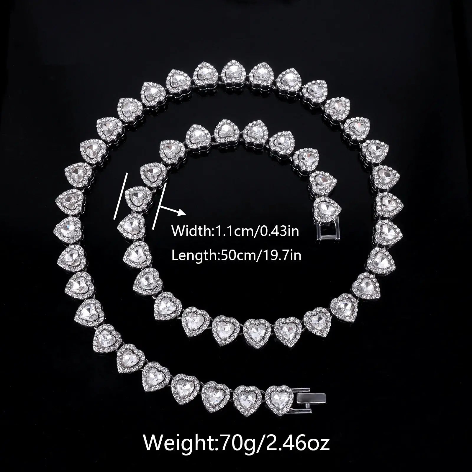 Yupsk 45cm 20cm Shiny Heart Rhinestone Hip Hop Rock Tennis Chain Bracelet Necklace Women Men Trendy Jewelry Set Gift