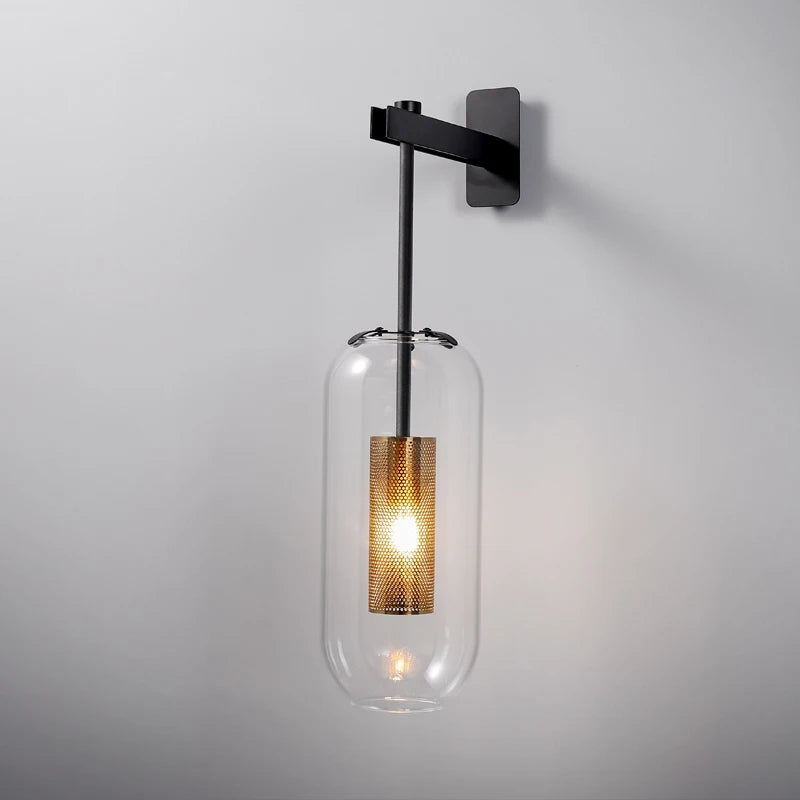Simples Market modern glass wall sconce with clear cylindrical shade and black metal mount