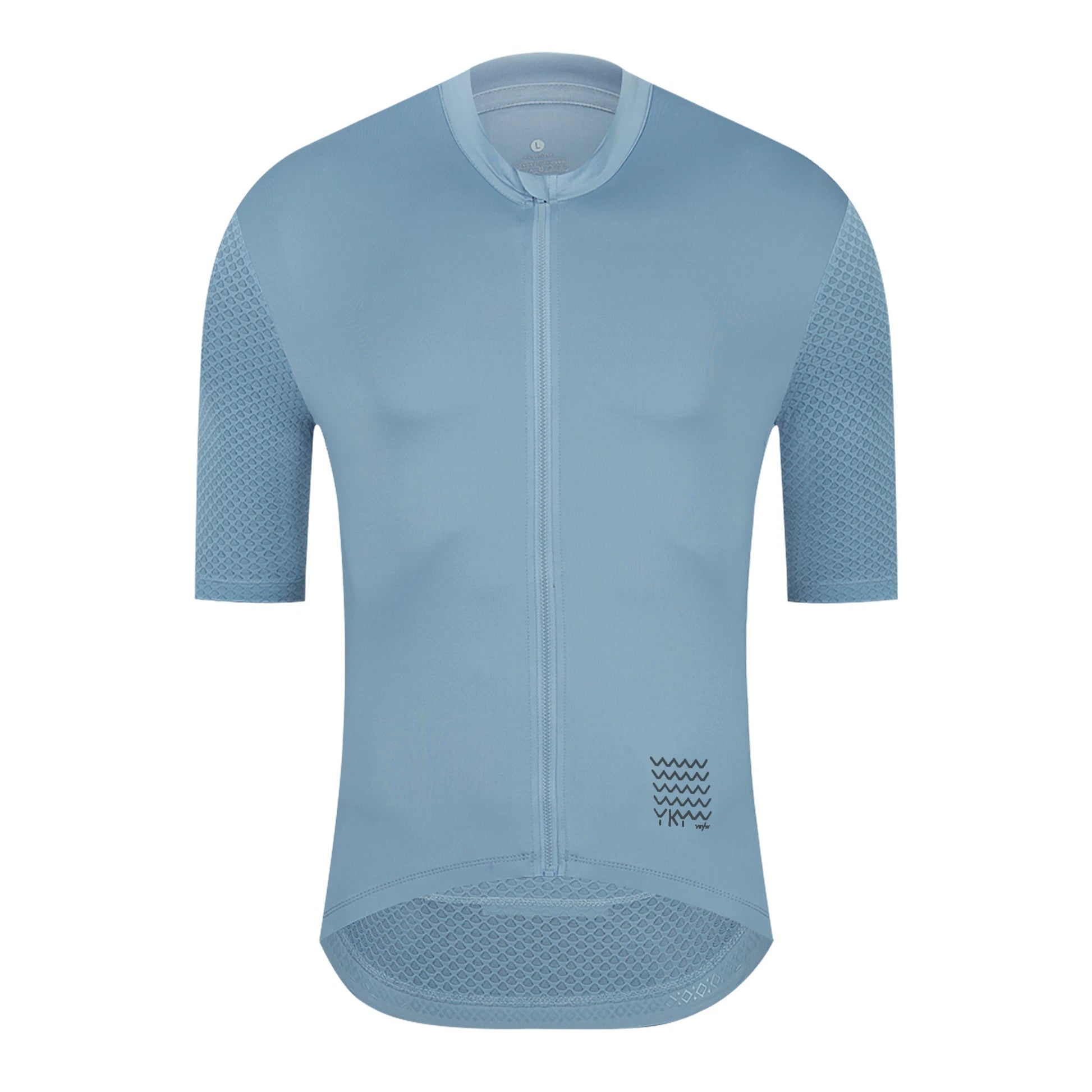 Blue cycling jersey with front zipper and textured mesh sleeves