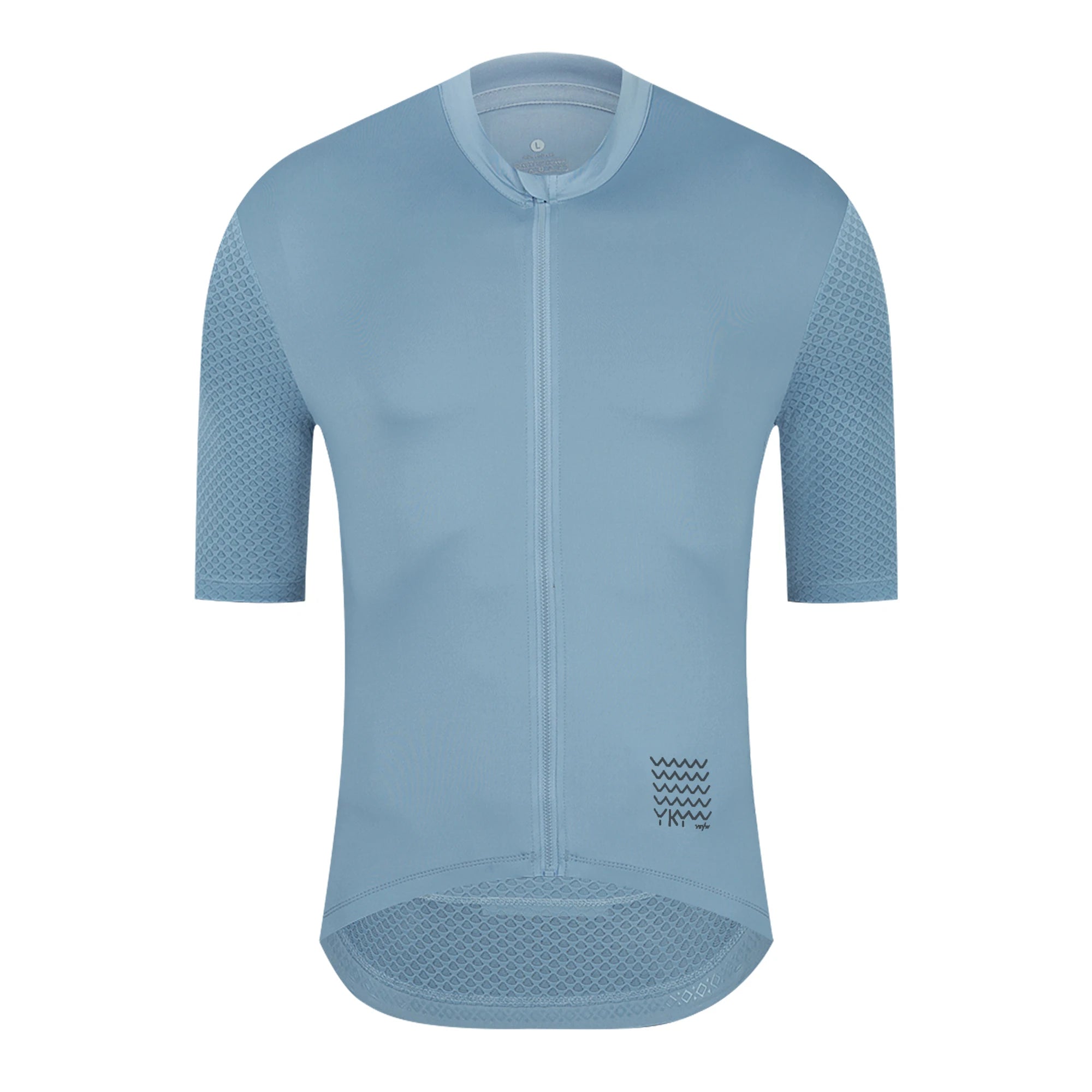 Blue cycling jersey with front zipper and textured mesh sleeves