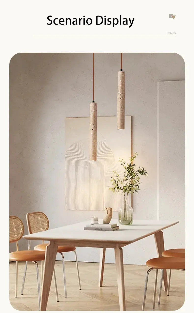 Led pendant lamp long tube wood finish, two cylindrical pendants in Japanese-inspired style over a modern dining table