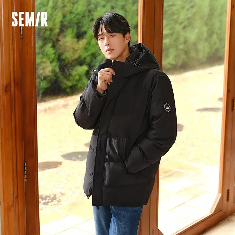 Semir men's black hooded down jacket, mid-length thick puffer with sleeve logo patch