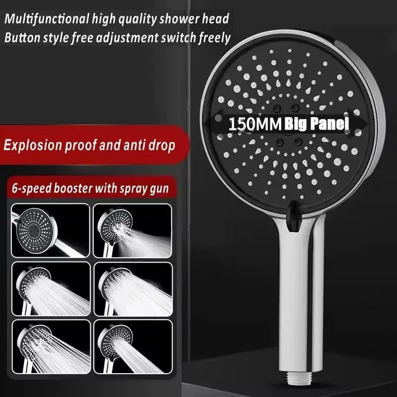 Shower head 15cm black with a large panel, high pressure, 4 spray modes