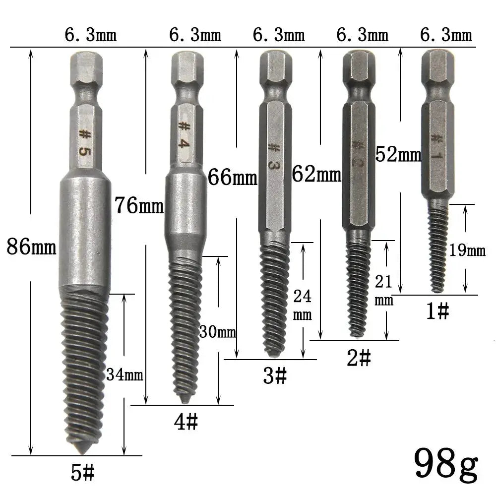 5 Piece Hexagonal Handle Screw Extractor Set For Broken Stripped And Rusted Screws Power Tool Compatible