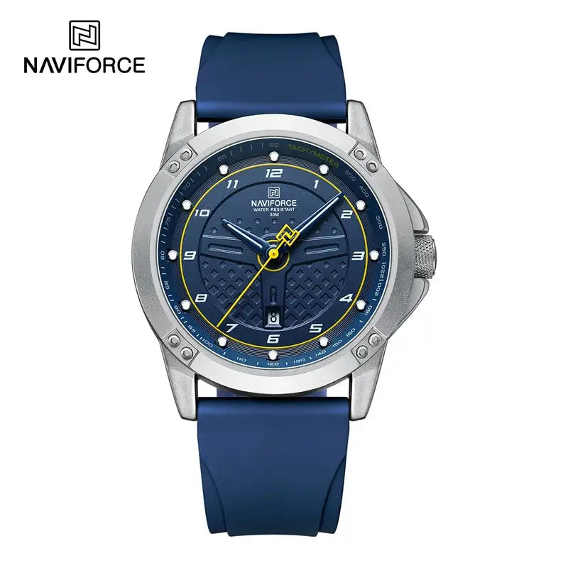 NAVIFORCE men's casual quartz wristwatch with blue silicone strap and blue dial featuring date window
