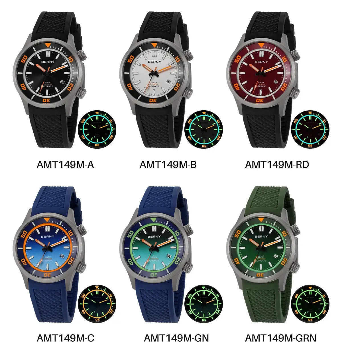 BERNY AMT149M nine-color automatic diving watches, 9-piece set on silicone straps