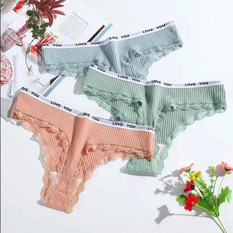 Simples Market 3-pack lace thong underwear in peach, blue and mint with ribbed knit, lace trim, low-rise T-back