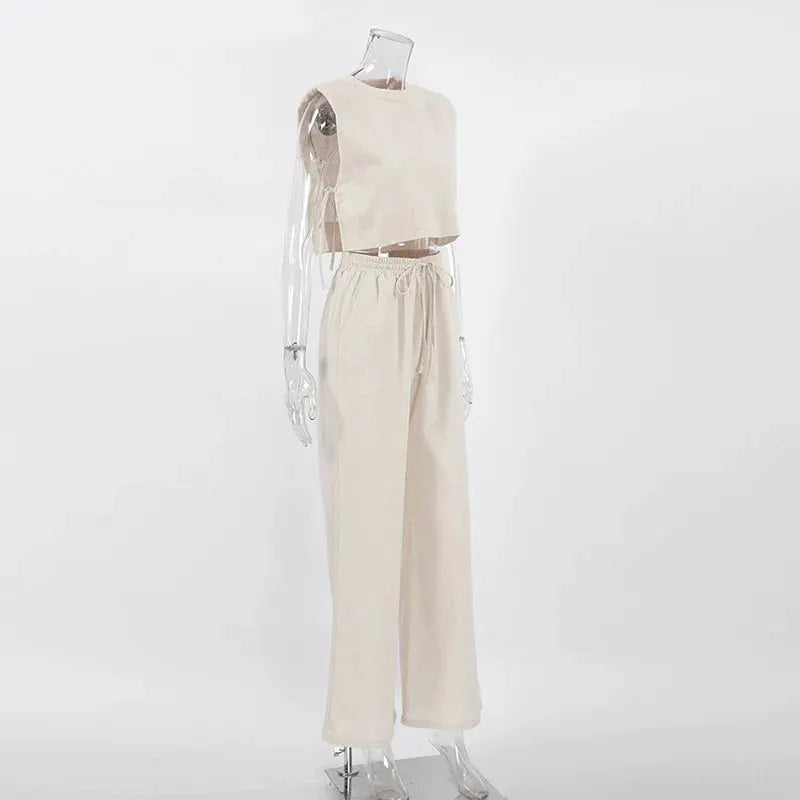 Linen Two Piece Pant Set With Crop Top For Women Spring Summer 2025