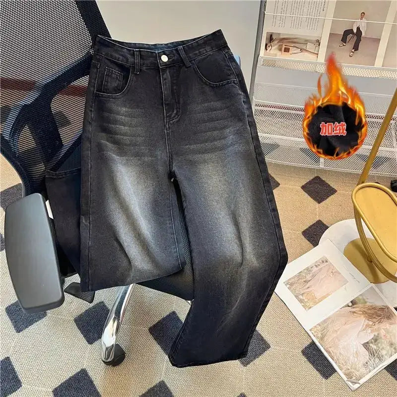 Winter Thick Fleece Jeans Velvet Plush Denim Vintage Slim Trousers