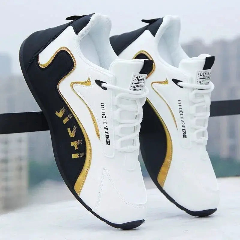 Men's PU leather waterproof sneakers by Simples Market, white with black and gold accents, lightweight casual shoes