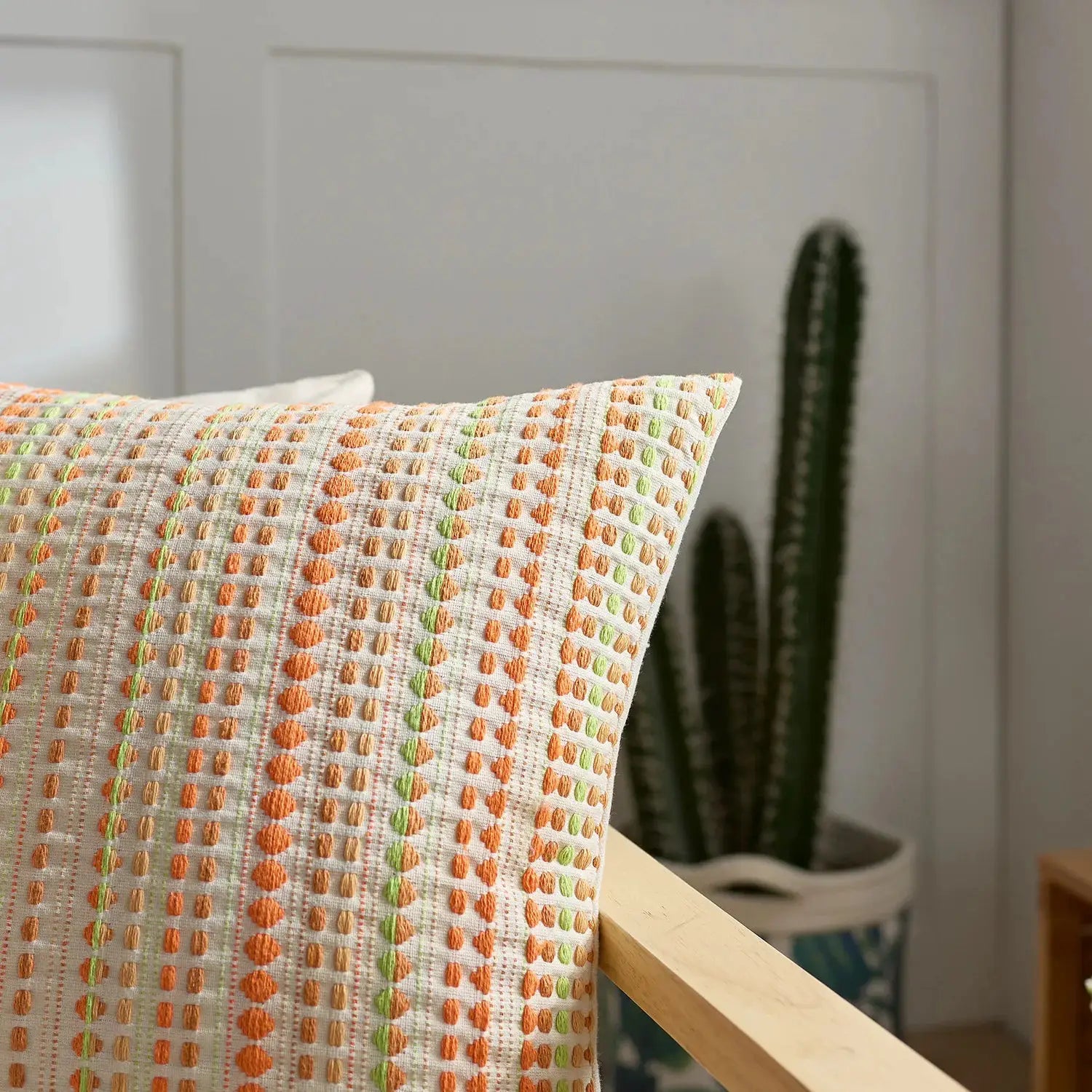 Boho Dots Jacquard Cushion Cover 45x45cm with zipper closure, orange and lime dots on ivory backdrop