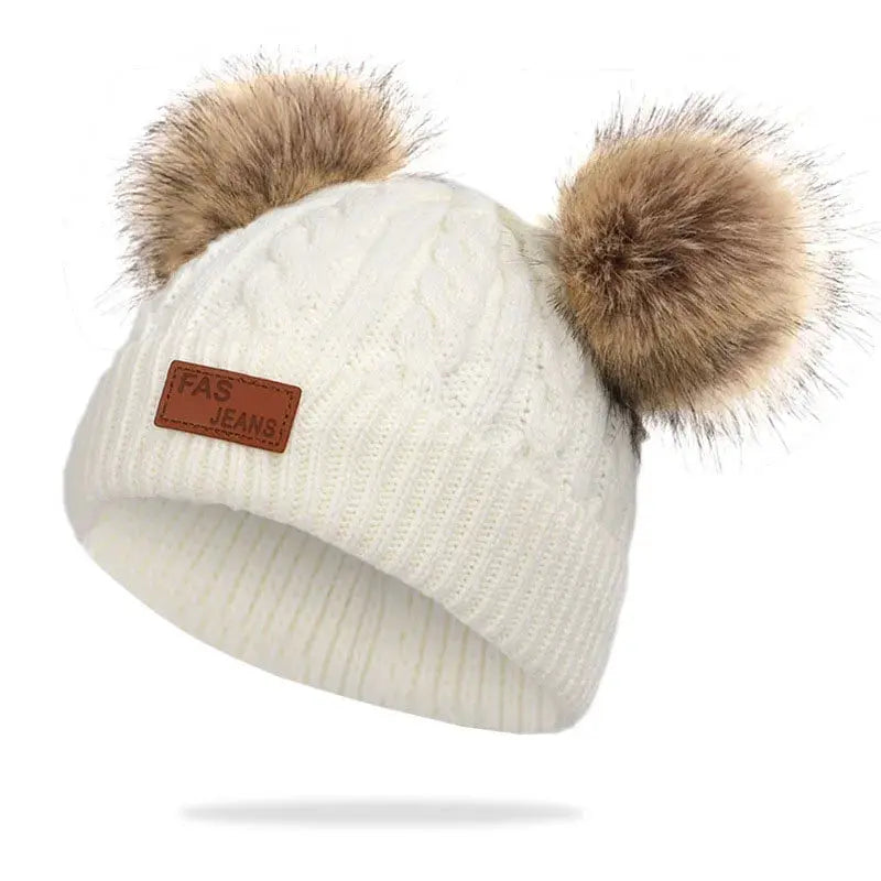 Cute Double Wool Pompom Baby Hat For Kids Warm Autumn Winter Knitted Beanie Cap For Boys And Girls