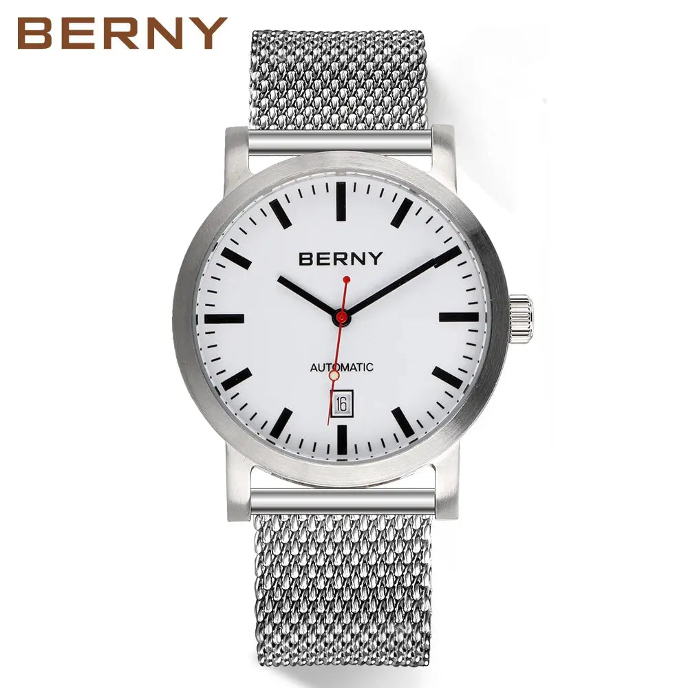 BERNY men's automatic wristwatch with white dial, date window, stainless steel case and mesh band