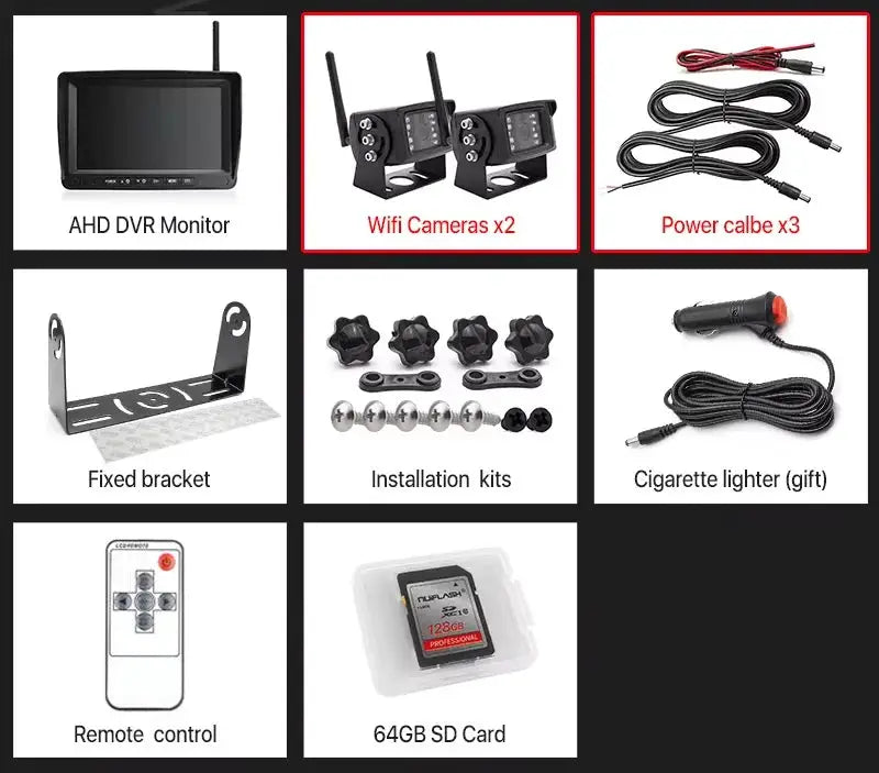 GreenYi 7-inch AHD DVR monitor kit with 2 wifi cameras, power cables, bracket, install kits, 64GB SD Card, remote