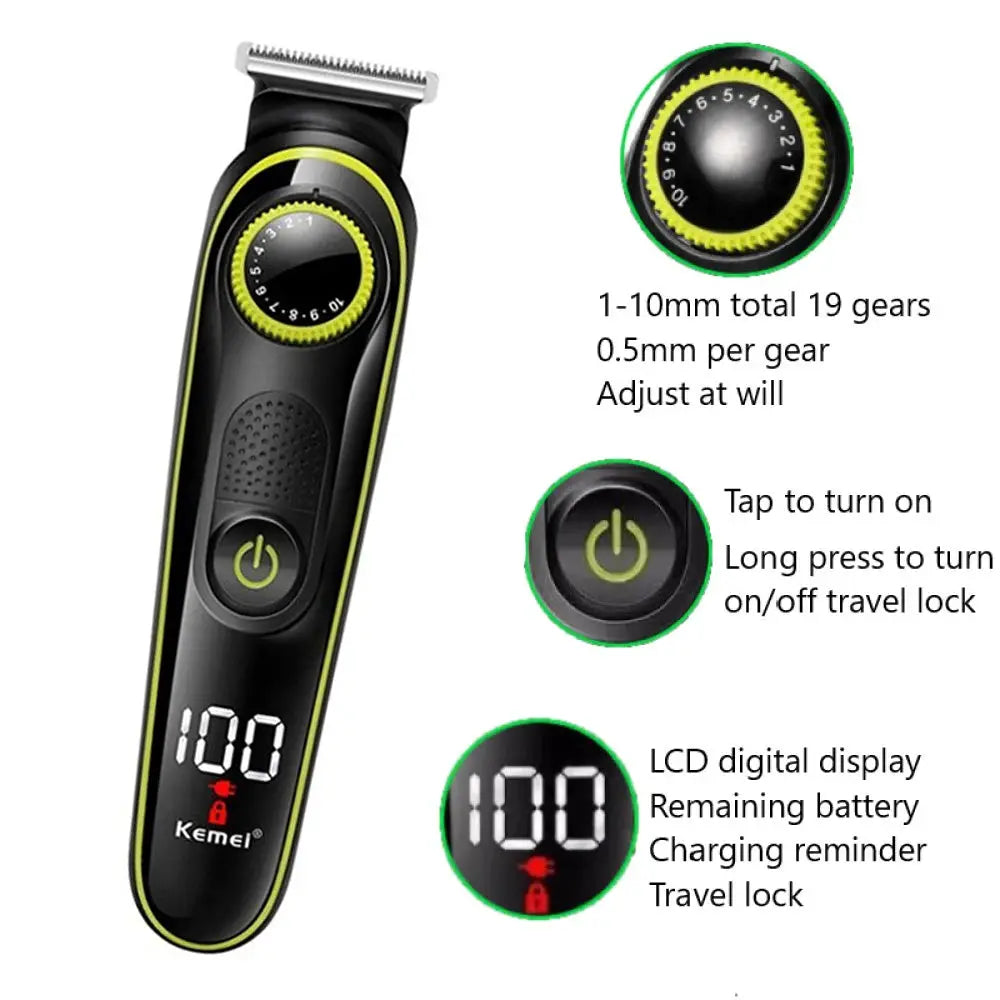 Kemei 696 5-in-1 electric hair trimmer for men; black with lime accents, LCD display, adjustable dial