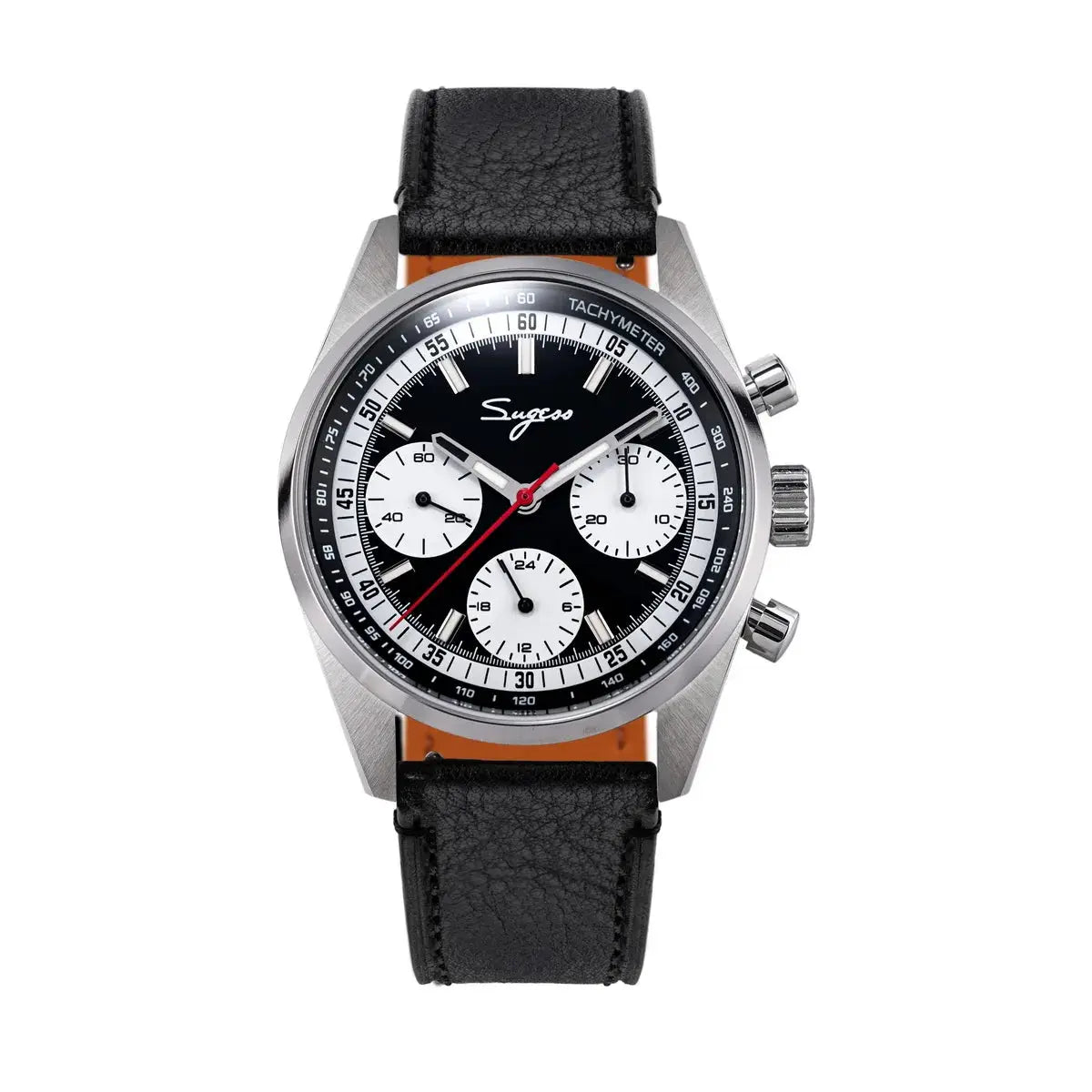 Sugess men's chronograph watch with black dial and white subdials, stainless steel case, black leather strap