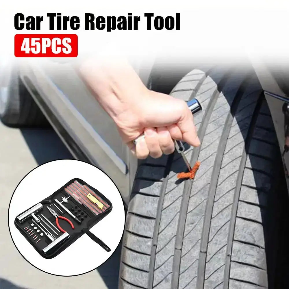 Car tire repair kit 45PCS in a black roll case for auto and motorcycle puncture repair tools