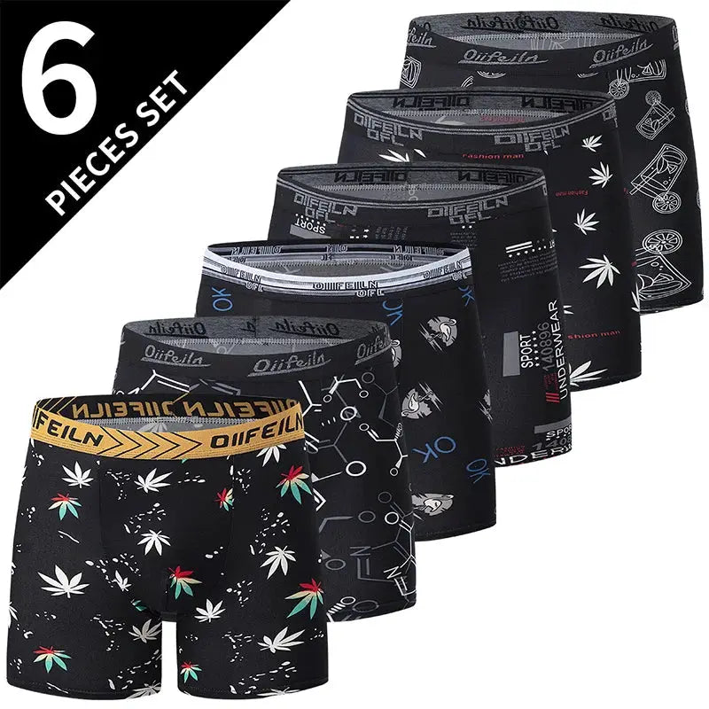 6-piece set of men's boxer shorts in black with leaf and abstract prints, breathable stretch fabric