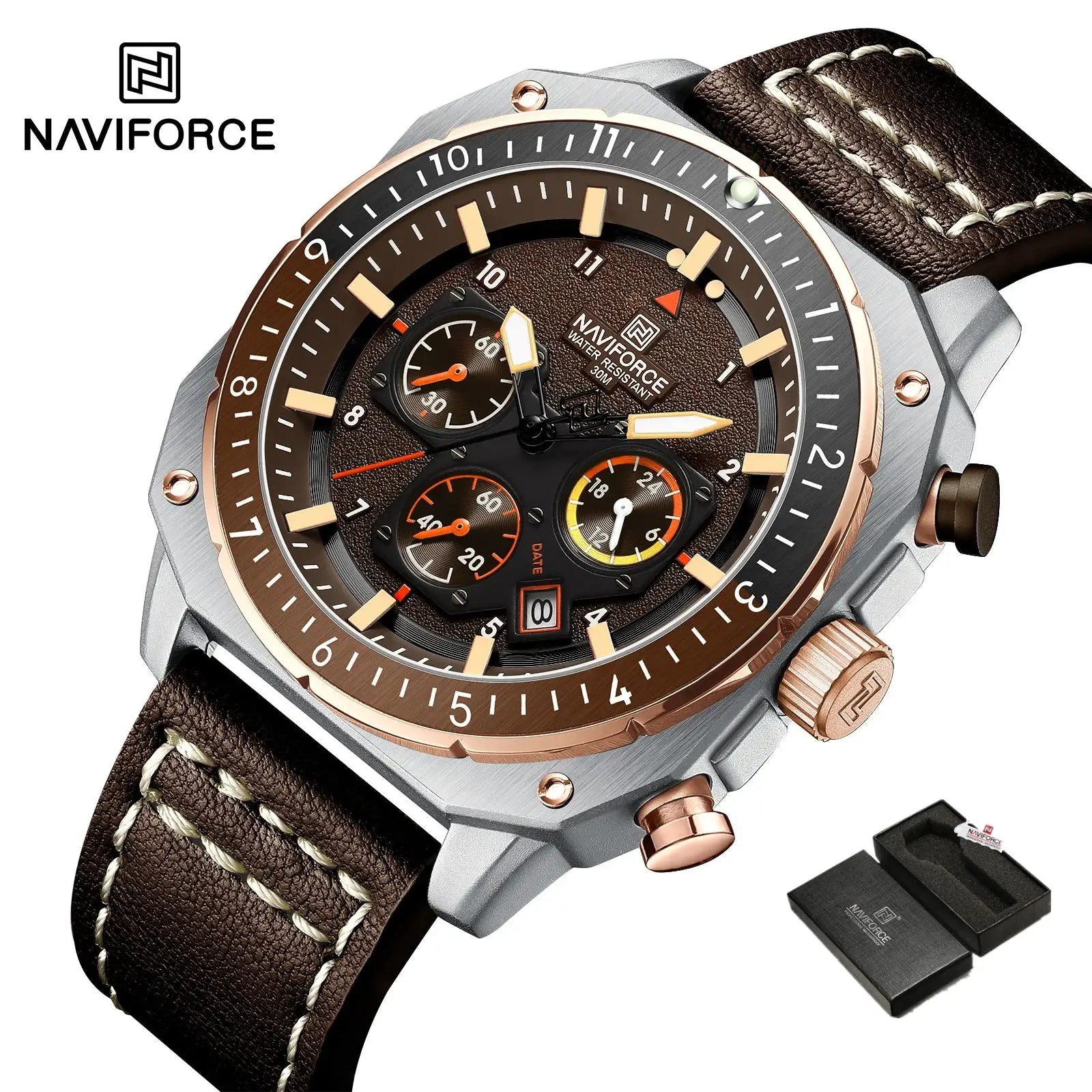 Naviforce men's sports multifunction waterproof watch with brown leather strap, rose-gold bezel, and quartz analog dial