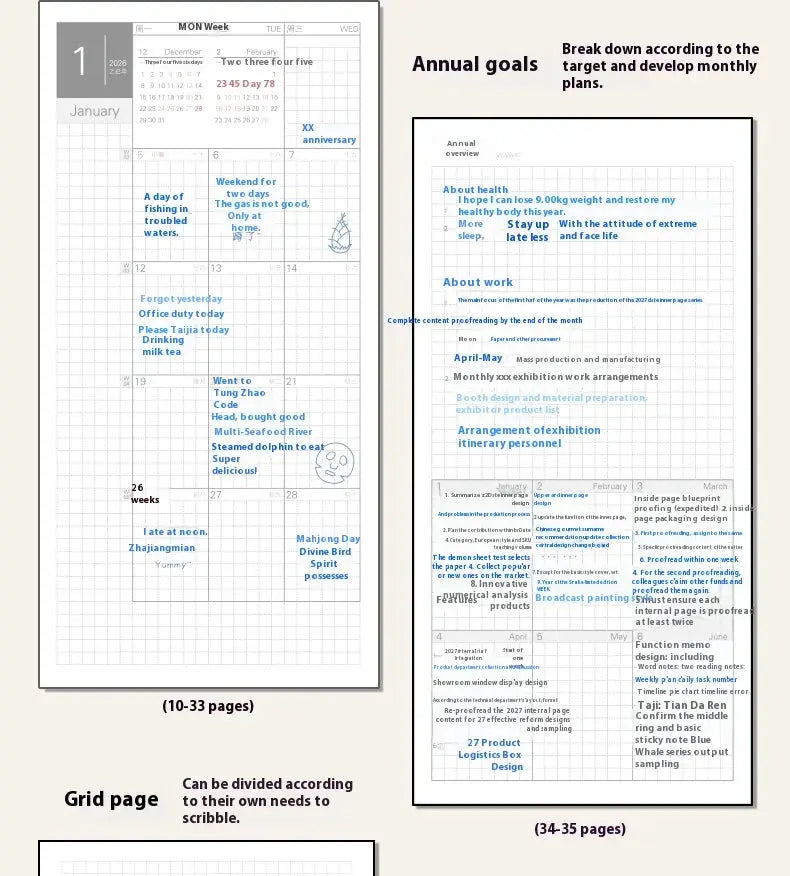 Kinbor weekly planner pocket-size notebook with grid pages and annual-goals layouts, 2-page spreads