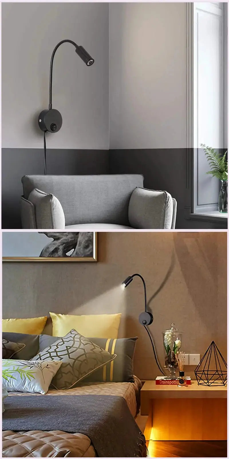 LED flexible hose wall lamp, black metal gooseneck with switch, ideal bedside reading and hotel headboard lighting