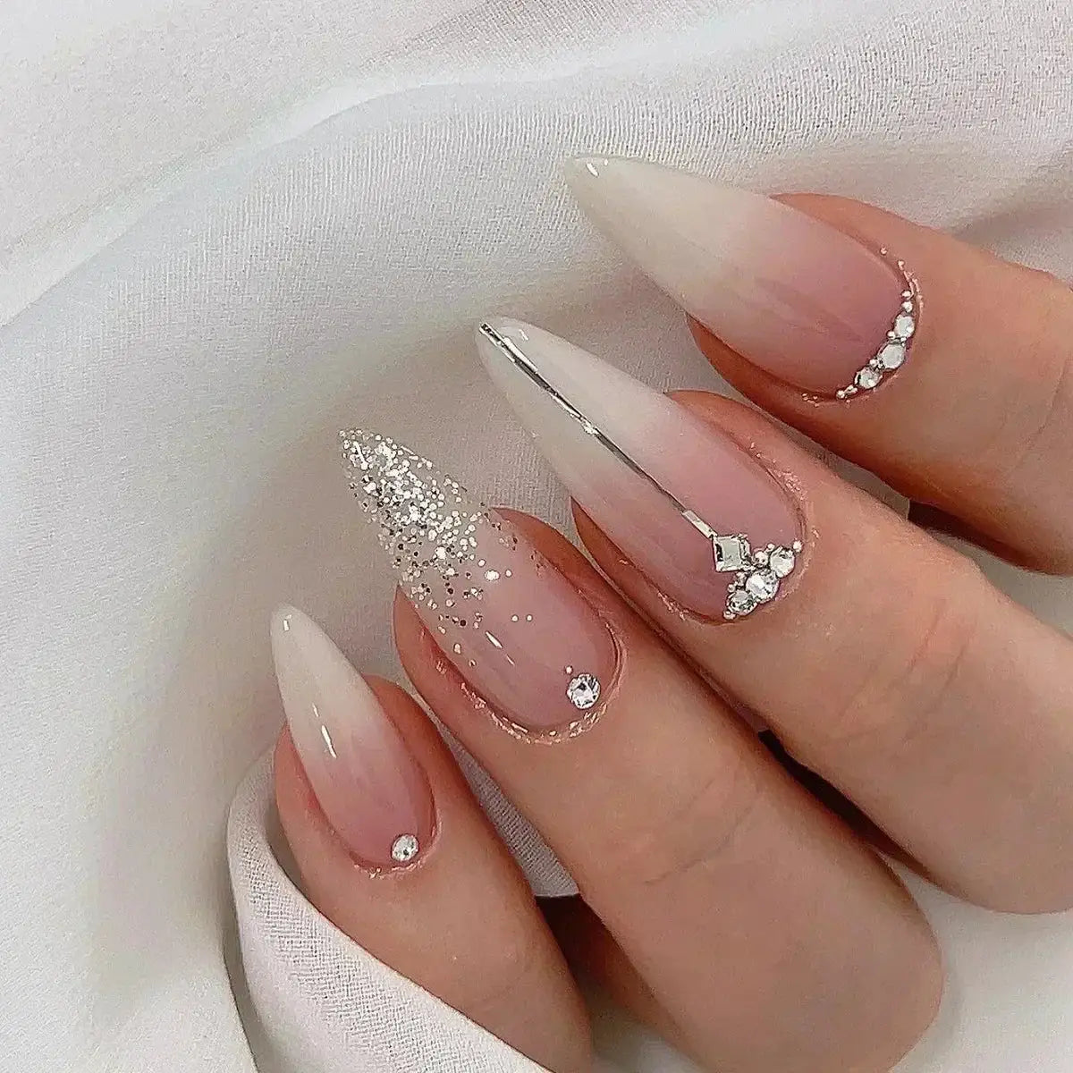 Glamora French Almond False Nails 24 Piece Press On Stiletto Tips With White Edge Design Glue Included For Wearable Glam