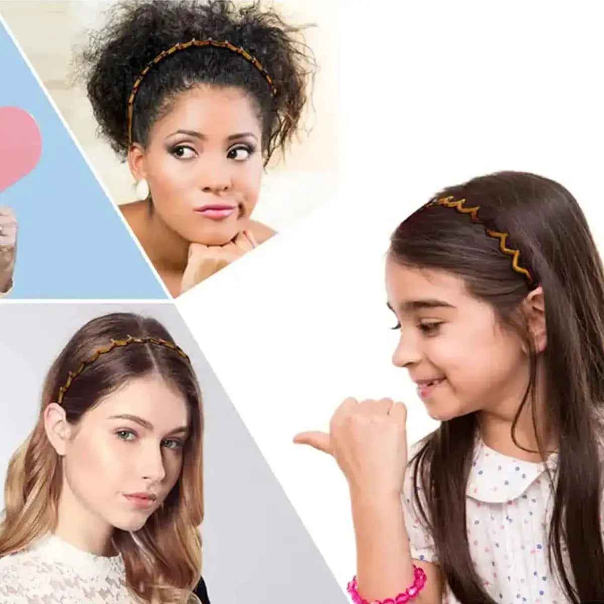 Korean-style non-slip plastic U-shaped headbands with orange zigzag trim worn by models