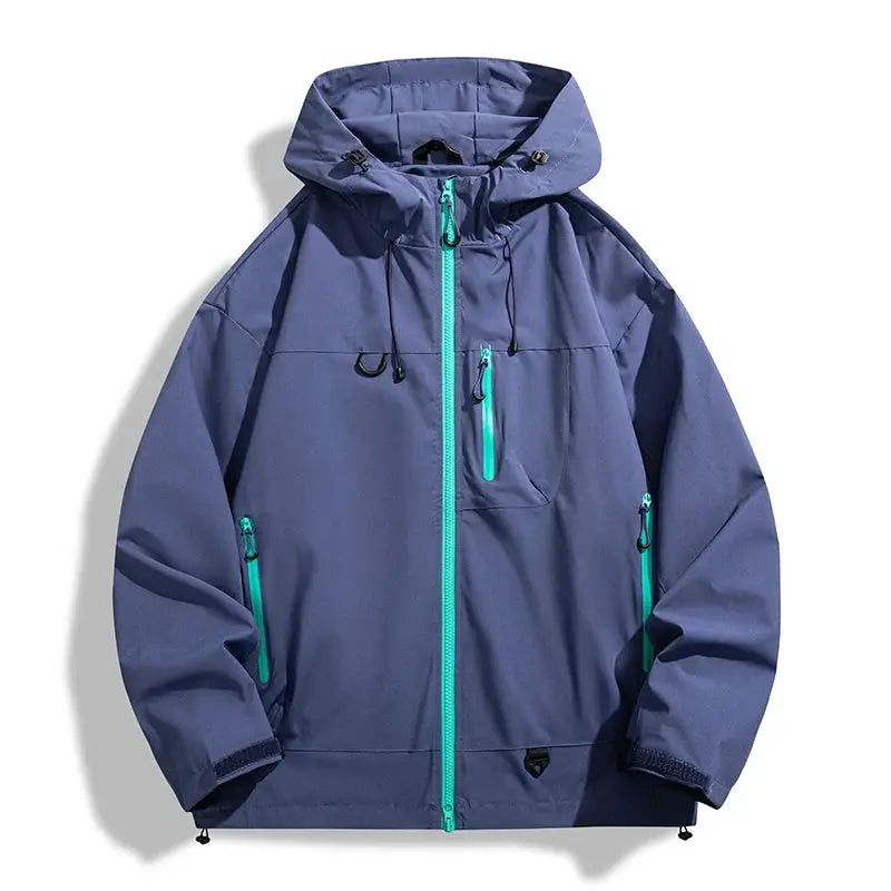 JNLN Unisex Waterproof Windbreaker with teal zippers and hood, blue lightweight rain jacket for hiking