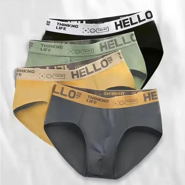 4-pack men's briefs in black, green, yellow, and gray with branded elastic waistbands