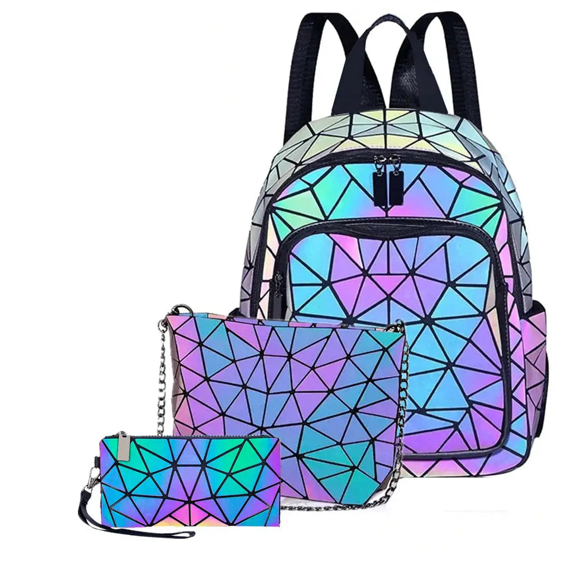 Backpack by Simples Market, luminous holographic geometric PVC with matching wallet and cardholder set