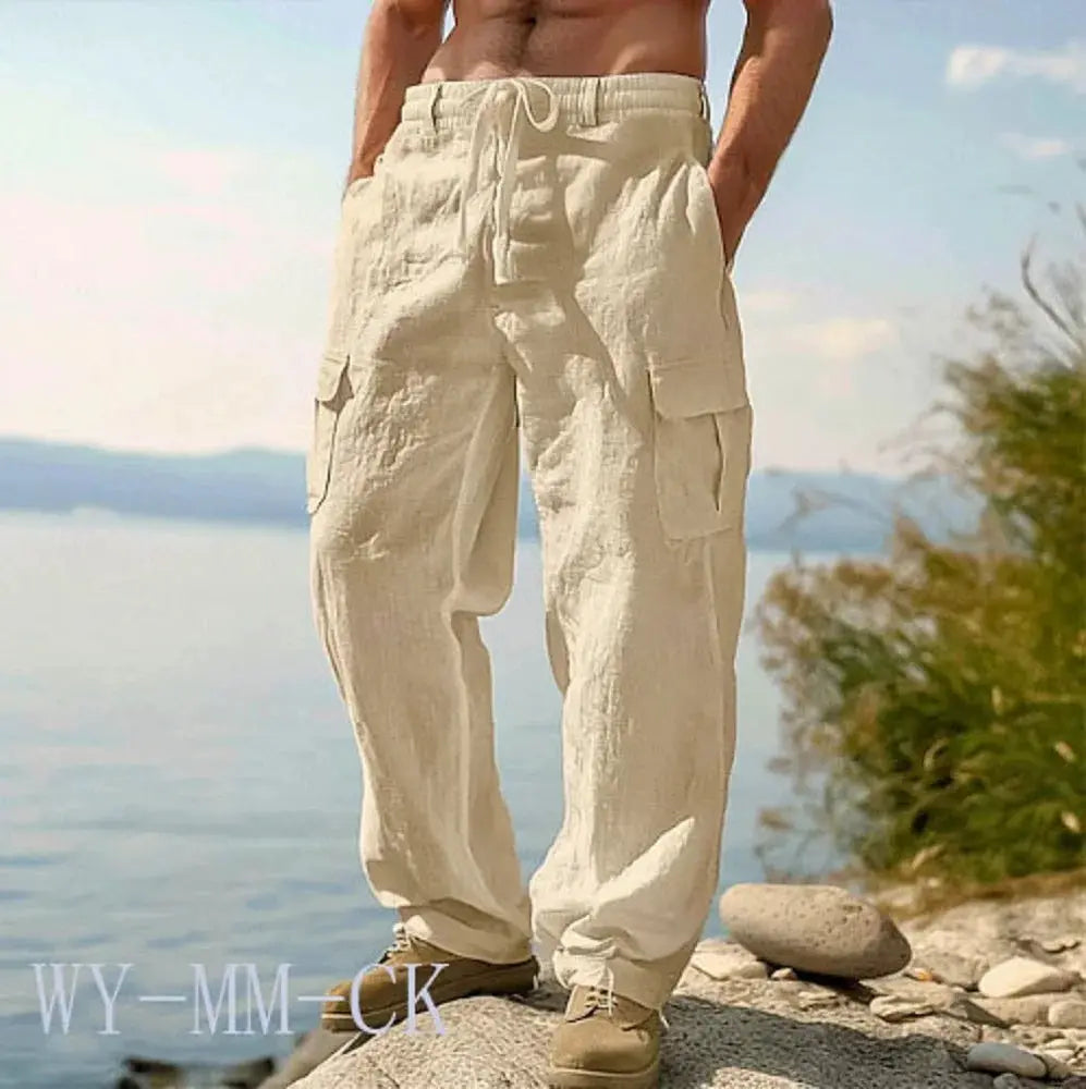 Simples Market men's cotton-linen cargo pants in beige with multiple pockets and drawstring waist