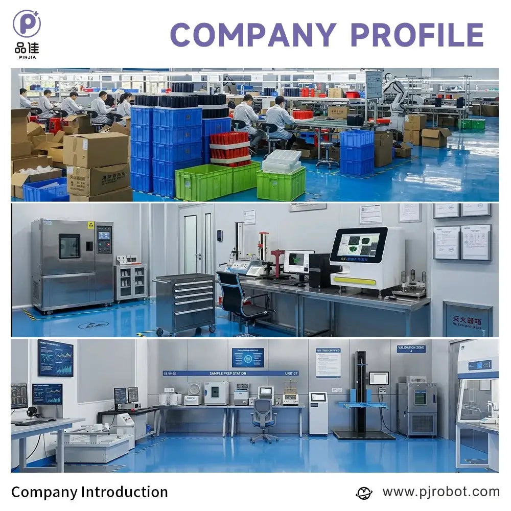 Company profile collage for Simples Market showing manufacturing floor, lab, and testing equipment.