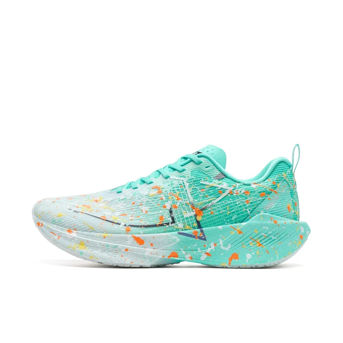 Xtep 360X men's running shoe in aqua teal with orange paint splatter; lightweight ETPU midsole and carbon plate