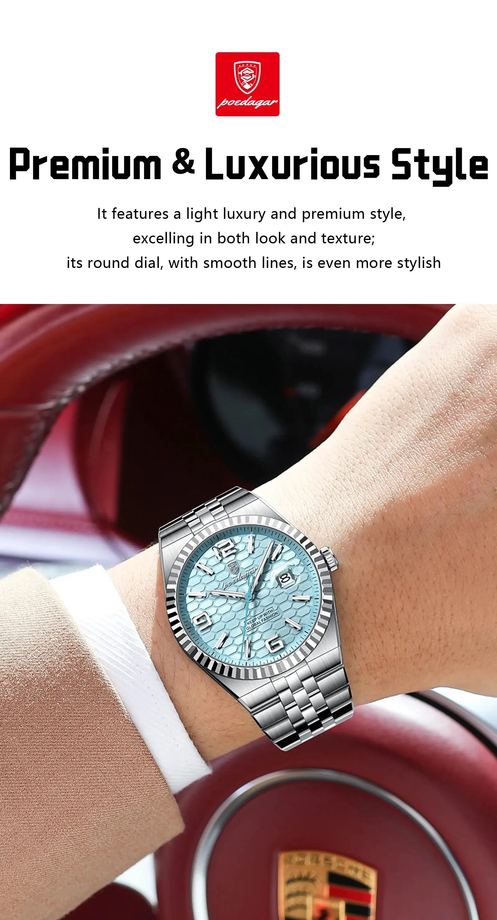 POEDAGAR stainless steel men's watch with a light blue honeycomb dial, date window, and luminous hands