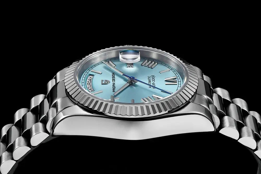 Pagani Design men's stainless steel wristwatch with blue dial, fluted bezel, sapphire glass.