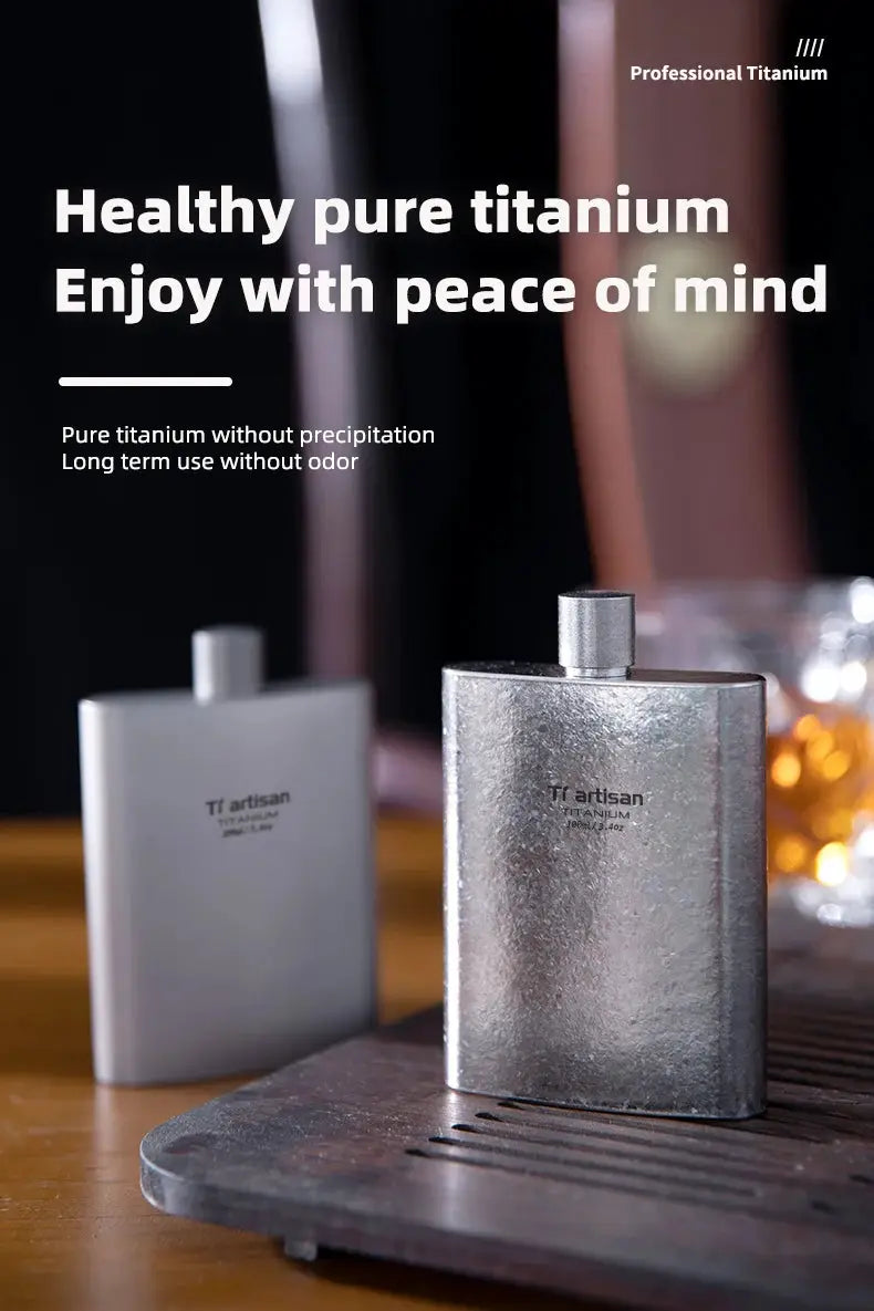 Tiartisan Titanium Hip Flask 100ml with textured silver finish; two flasks shown, brand Tiartisan