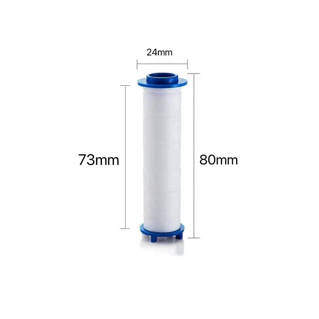 Shower filter cartridge by Simples Market, white cylindrical core with blue end caps, 80mm tall.