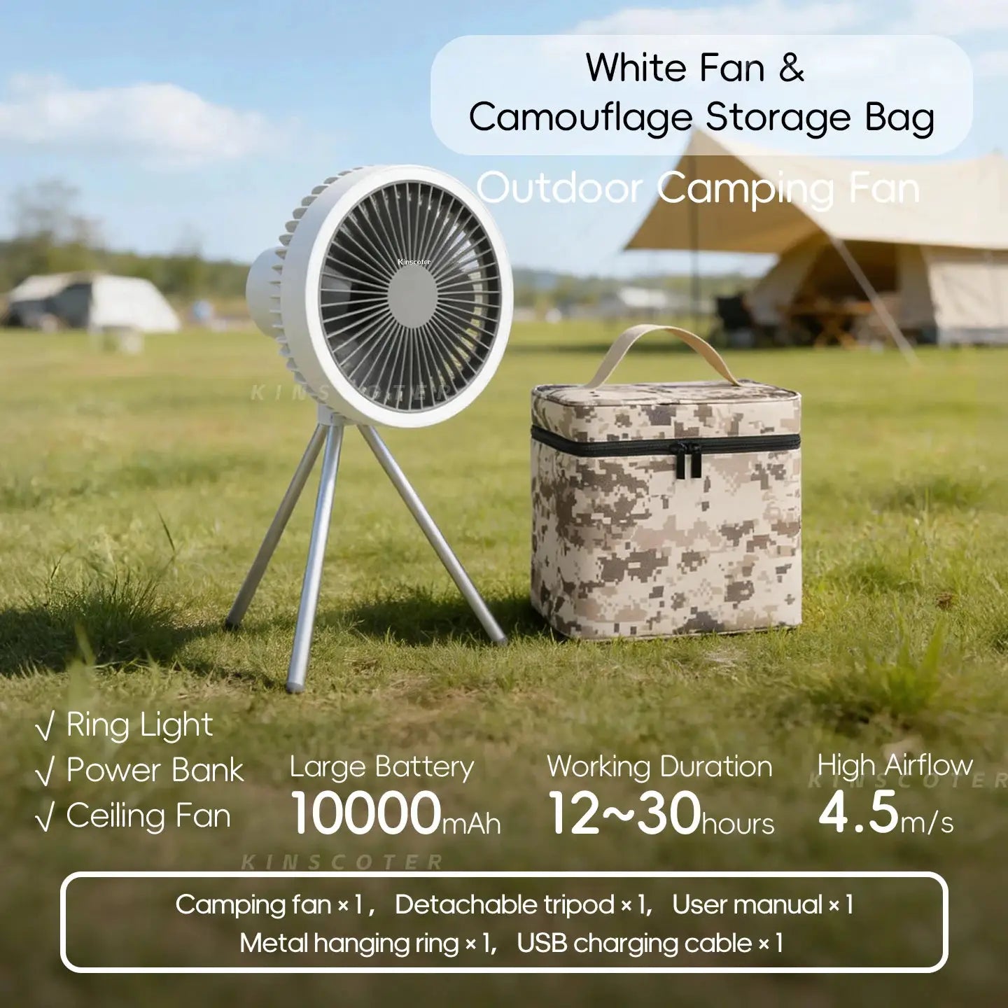 White camping fan on tripod with 1x camouflage storage bag outdoors