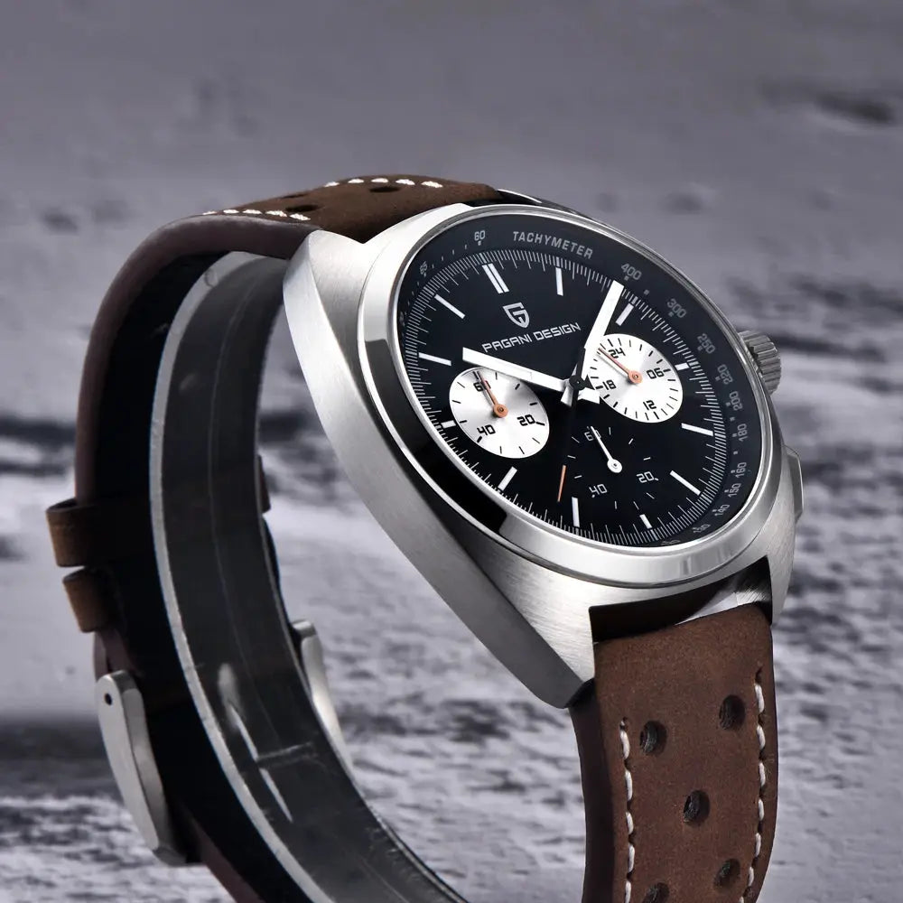 PAGANI DESIGN VK63 men's chronograph watch with black dial, silver case, white subdials, brown perforated leather strap