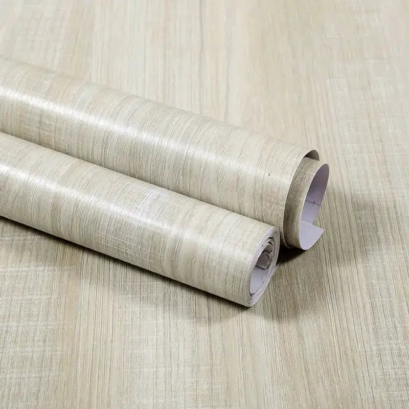 Vinyl wood wallpaper rolls by Simples Market; beige wood grain, waterproof self-adhesive PVC for walls and furniture