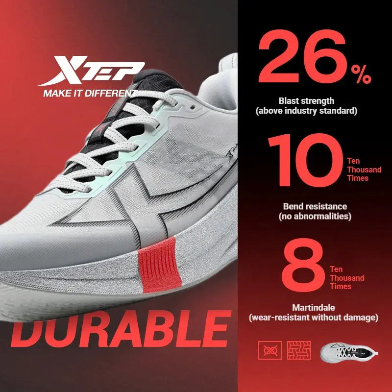 Xtep 2000km 5.0 running shoes, white and gray lightweight durable sneakers with red midsole stripe