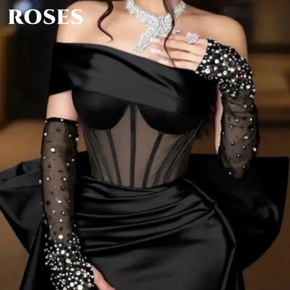 Roses Burgundy Mermaid Prom Dress One Shoulder Beading Bow Sleeve