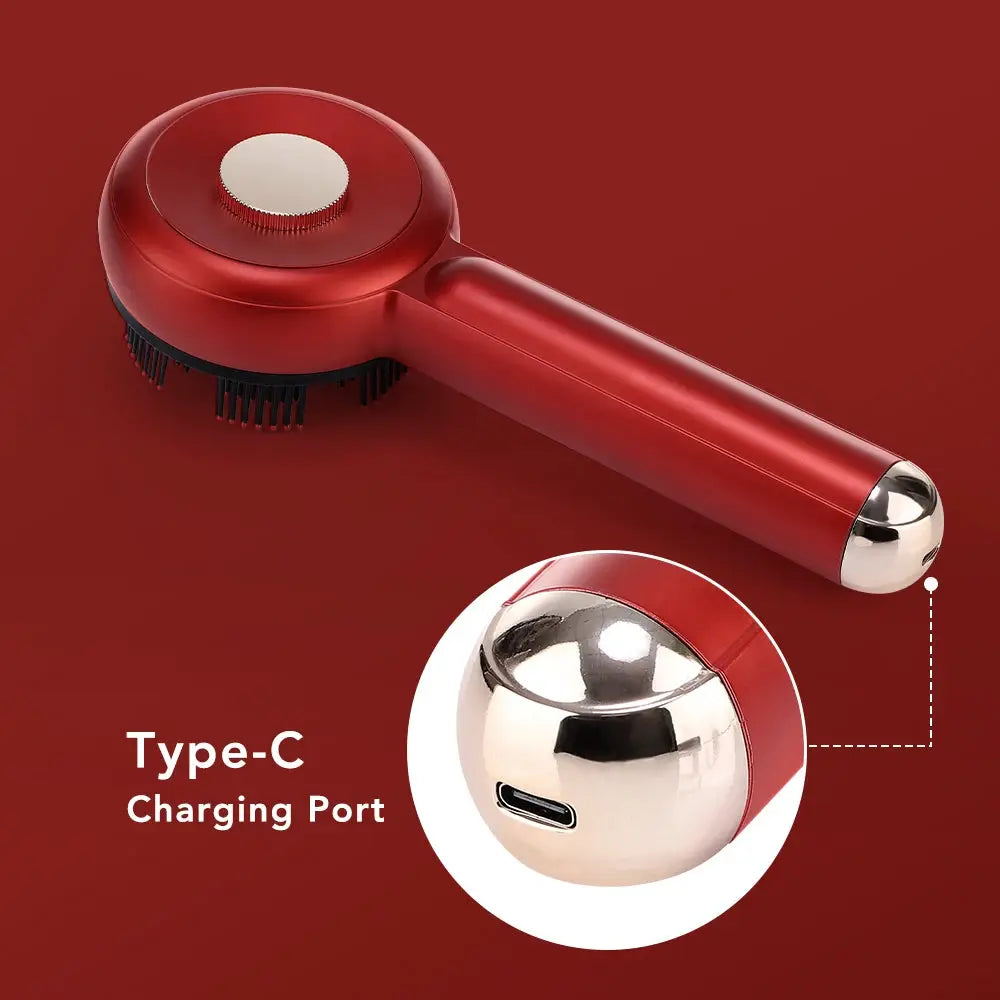 Electric head massager with red circular brush head and chrome end, featuring a Type-C charging port