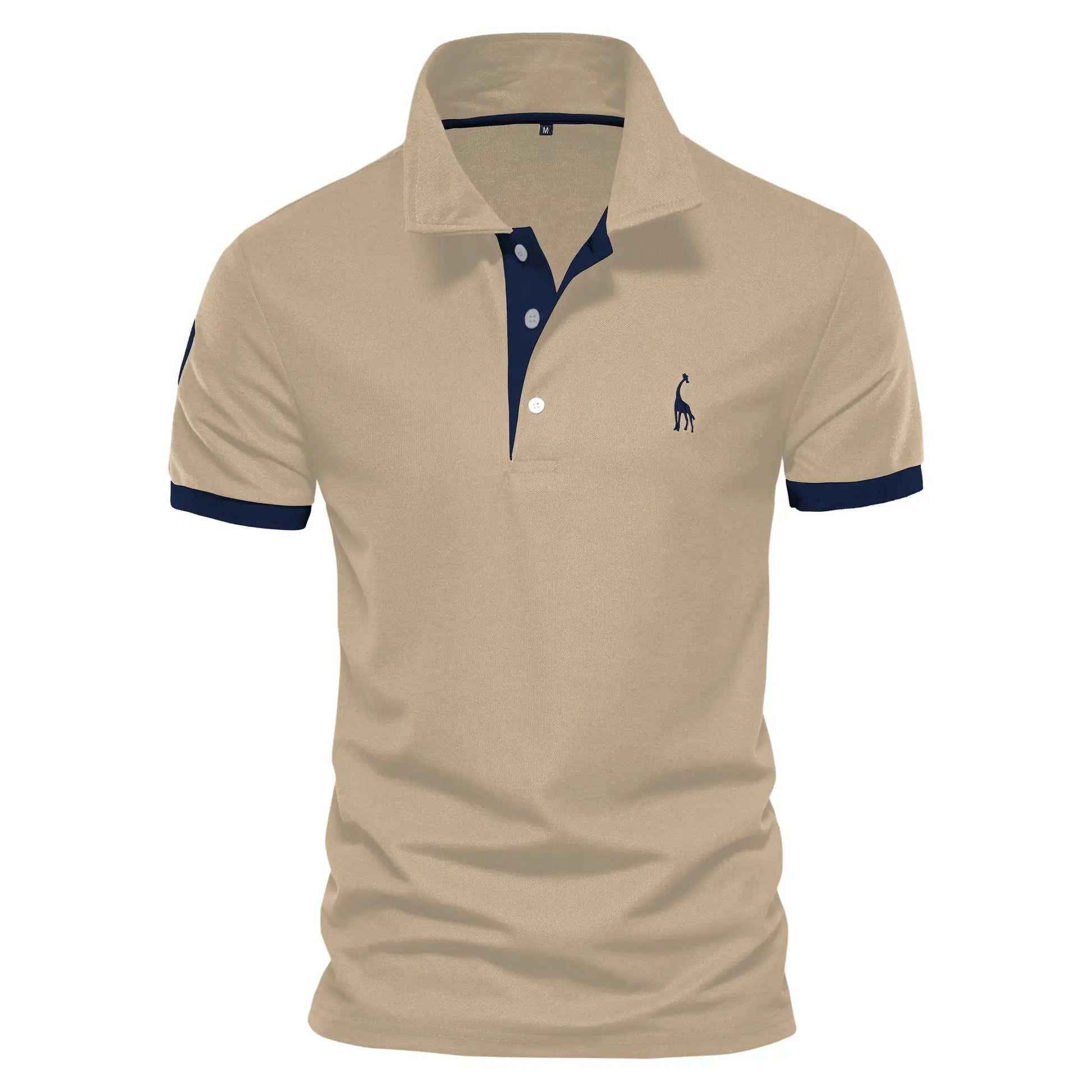 Polo shirt beige with navy placket and cuffs; short sleeves and giraffe embroidery on chest