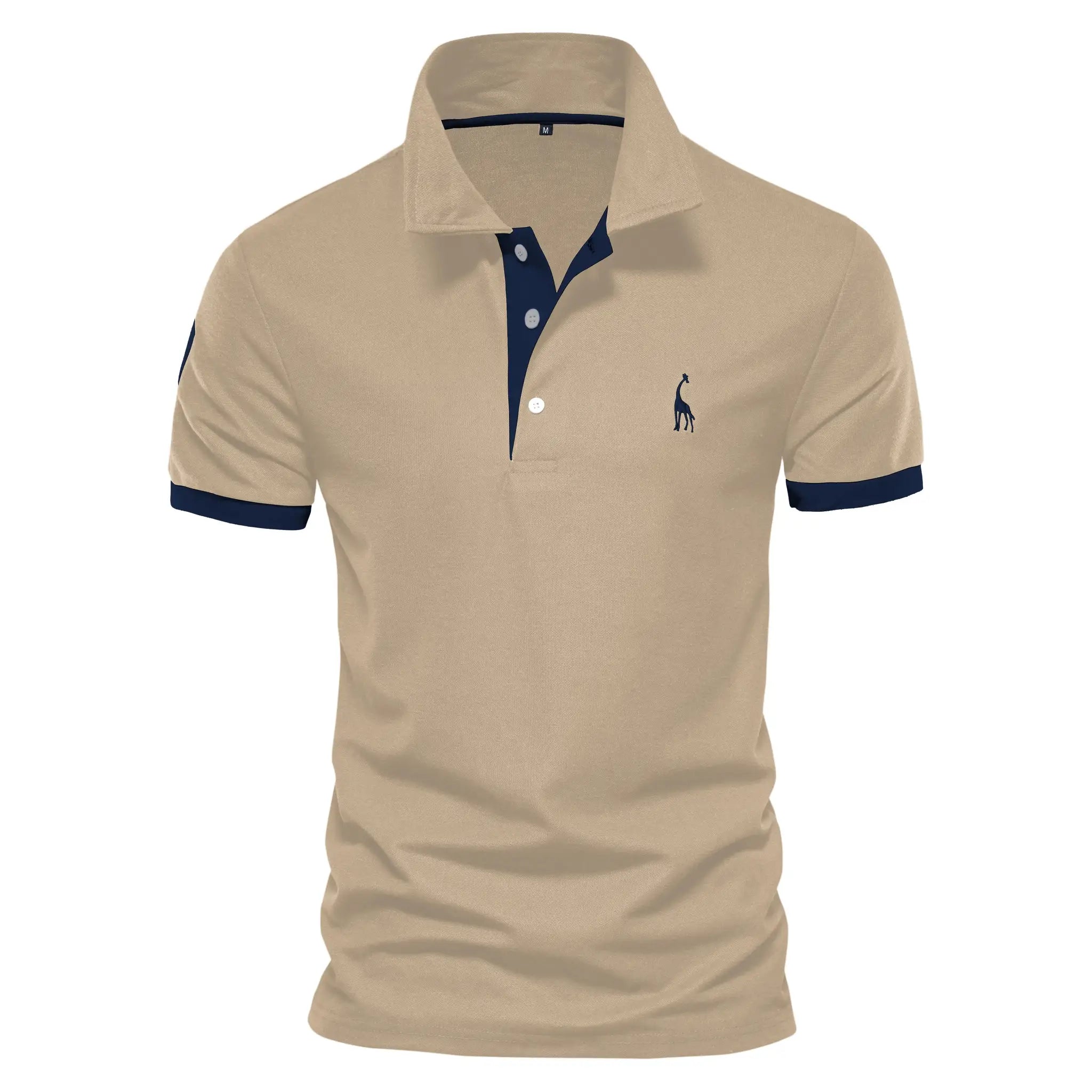Polo shirt beige with navy placket and cuffs; short sleeves and giraffe embroidery on chest
