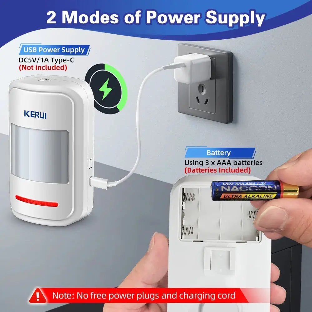 KERUI HW19 PIR motion sensor alarm with remote; white detector and 3x AAA battery remote (batteries included)